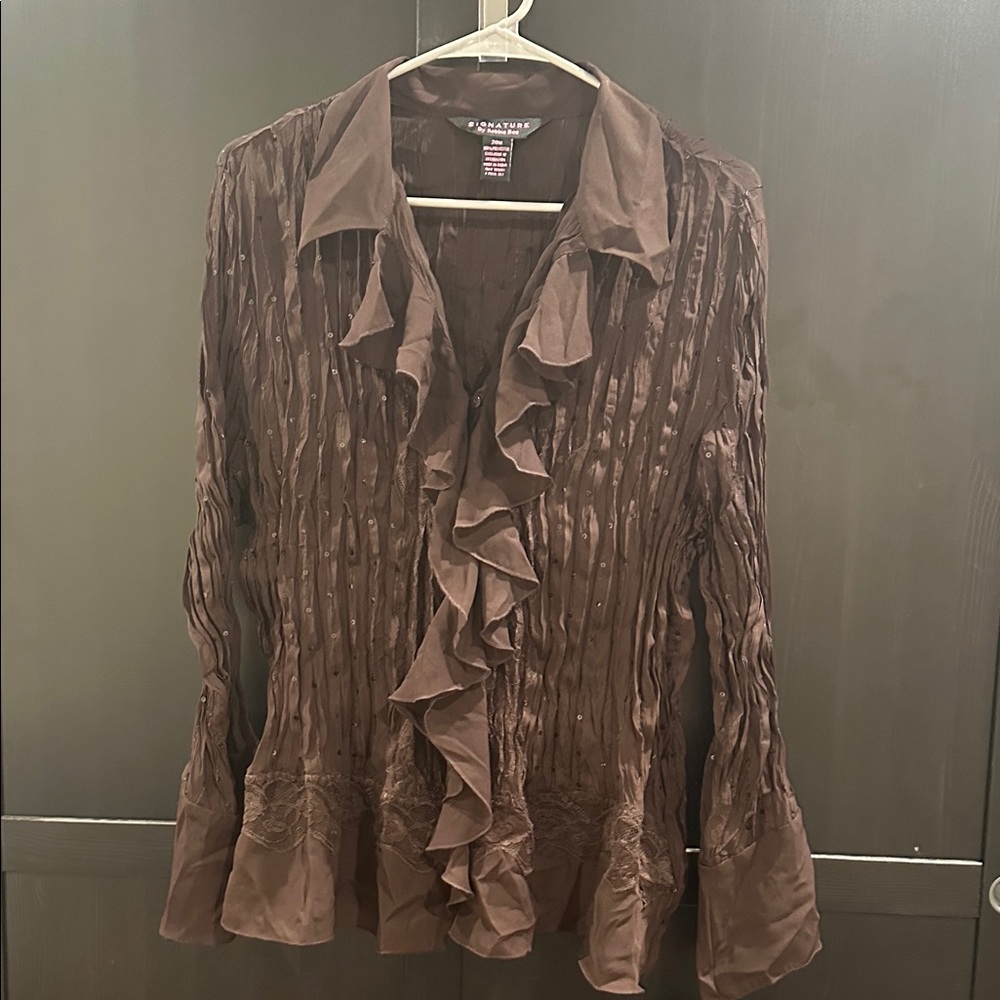 Signature by Robbie Bee Chocolate Ruffled Blouse